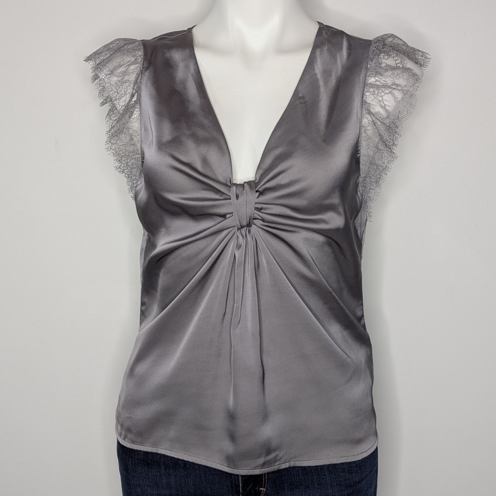 Express Grey Satin Lace Short Sleeve V Neck Blouse S